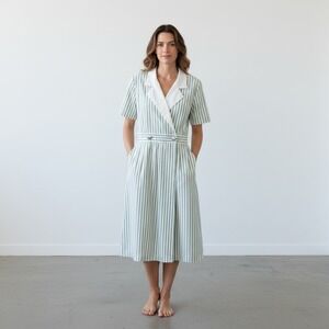 Vintage Stripe Midi Shirt Dress 14 Green White Uniform Double Breasted